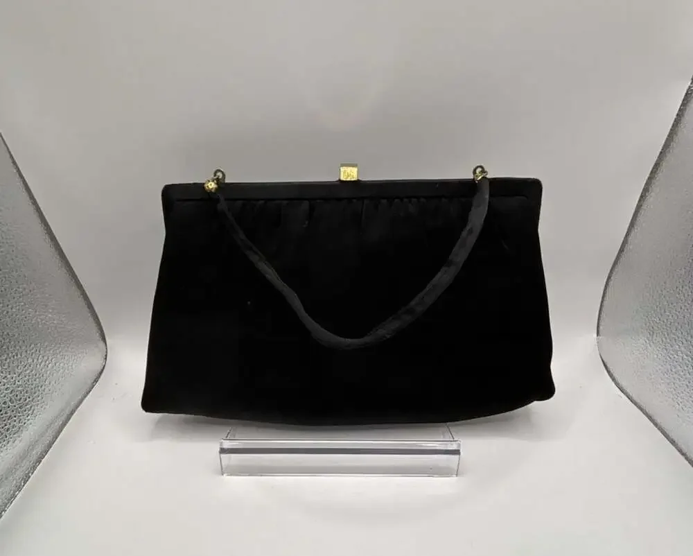 Vintage HL USA Black Satin Evening Clutch Purse with Bow